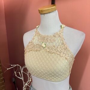NWT! Poof! Lace Halter Crop Top Bralette in Cream
